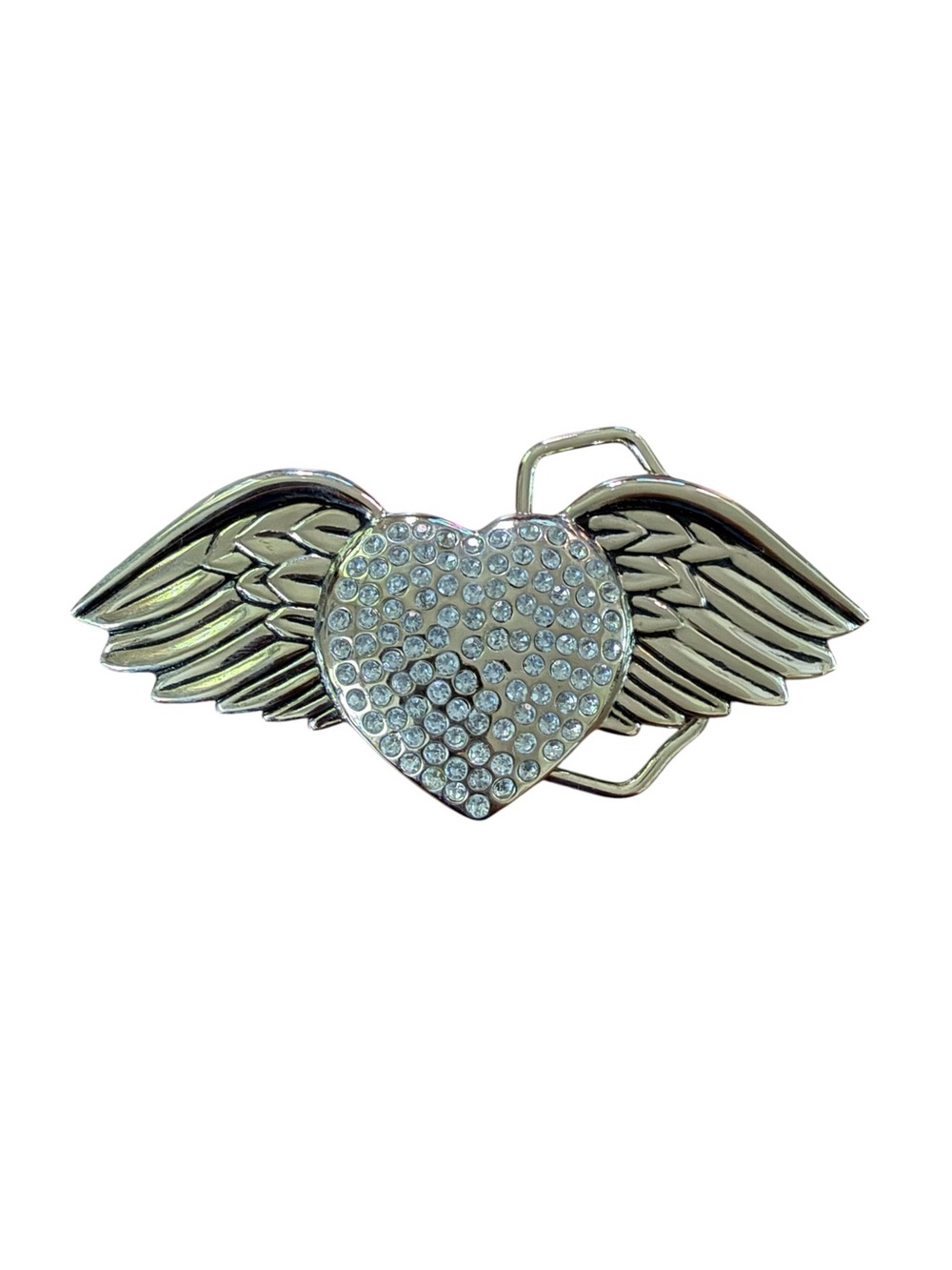 Vintage Angel Wings Rhinestone Heart Silver Tone Belt Buckle
